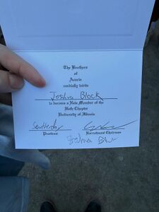 Josh's bid for a fraternity.